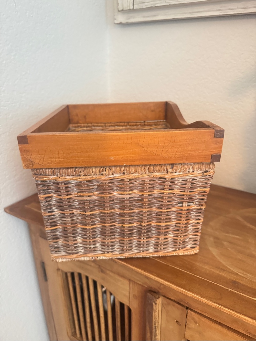 Rustic Woven Basket with Wooden Frame 11"x9"x7.5" Vintage Charm for Home - Picture 7 of 14